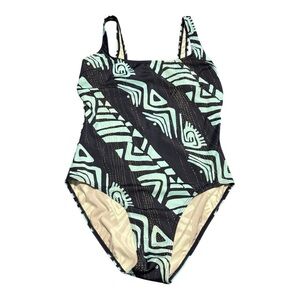 Aztec Tribal Bathing Suit One Piece Size 12 Blue Aqua Polynesian True Vintage